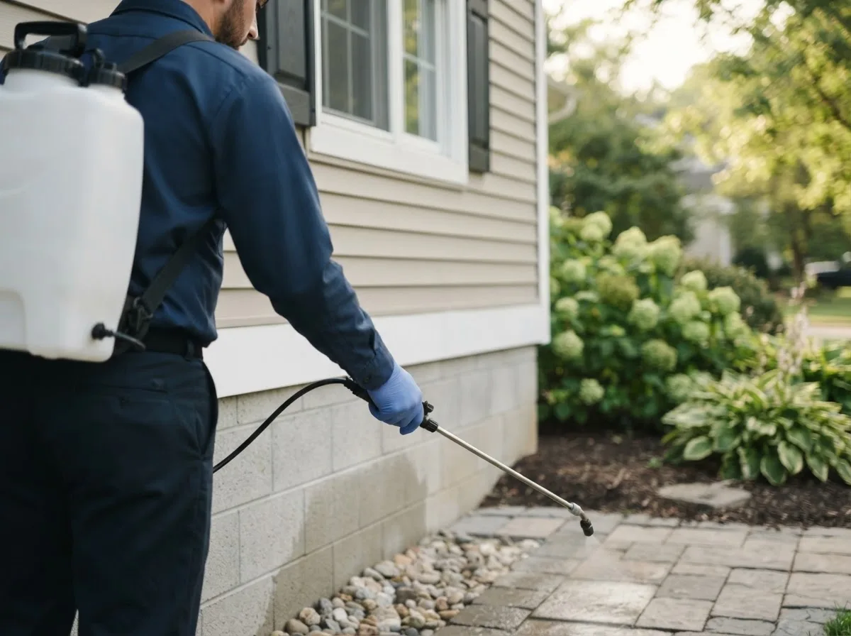 Pest control technician inspecting a home in Young America, IN